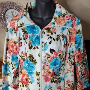 Studio Works Multi Colored Floral Full-zip 3/4 Sleeve Jacket Blouse Size PXL